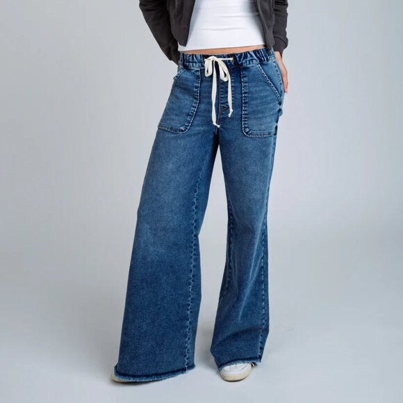 NEW REWASH Relaxed Knit Denim Wide Leg Pants in vintage indigo for women 825 2t7 - Picture 1 of 9